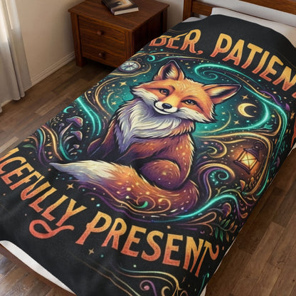 Velveteen Plush Blanket — "Sober, Patient & Peacefully Present" Fox Art Throw
