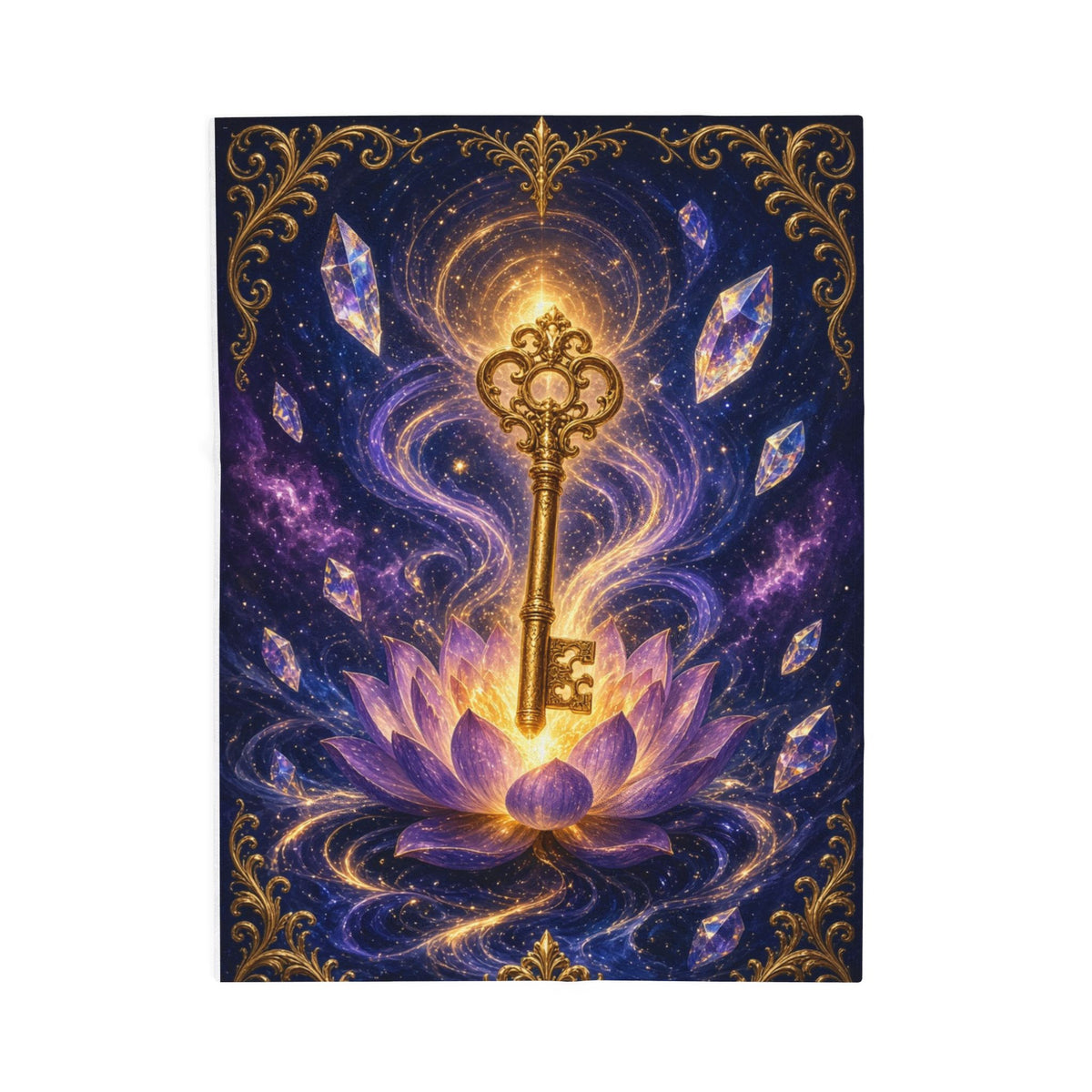 Mystic Key Velveteen Plush Blanket — Golden Key & Lotus Spiritual Throw
