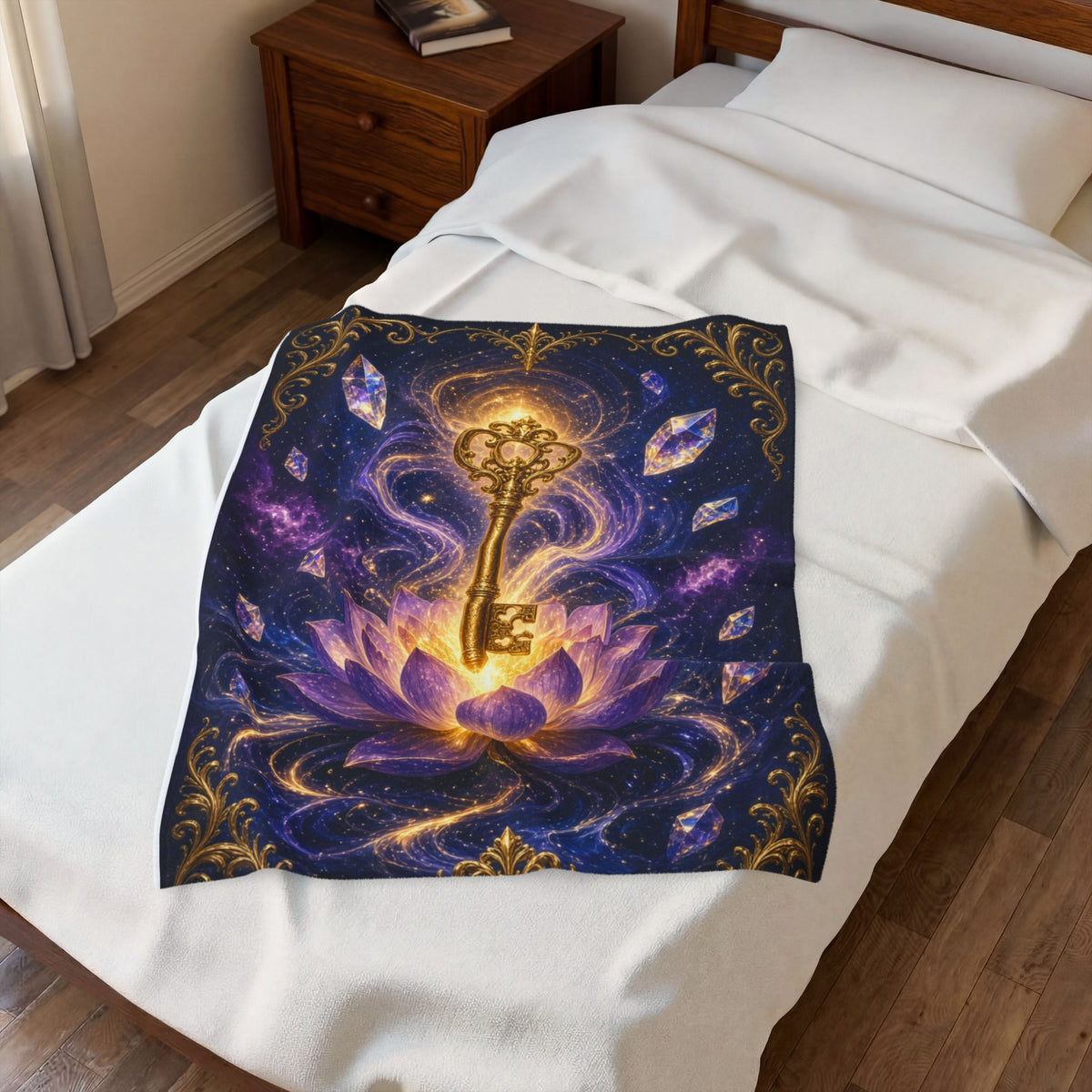 Mystic Key Velveteen Plush Blanket — Golden Key & Lotus Spiritual Throw