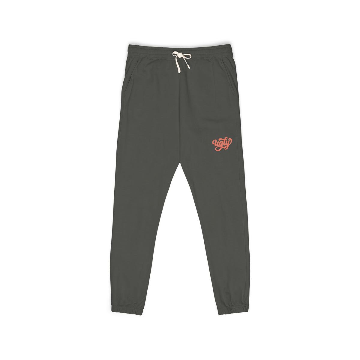 Charcoal Garment-Dyed Sweatpants with 'Ugly' — Cozy Heart Accent Joggers