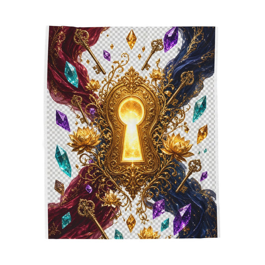 Mystic Keyhole Velvet Plush Blanket — Ornate Golden Lock, Gemstone & Floral Fantasy Throw