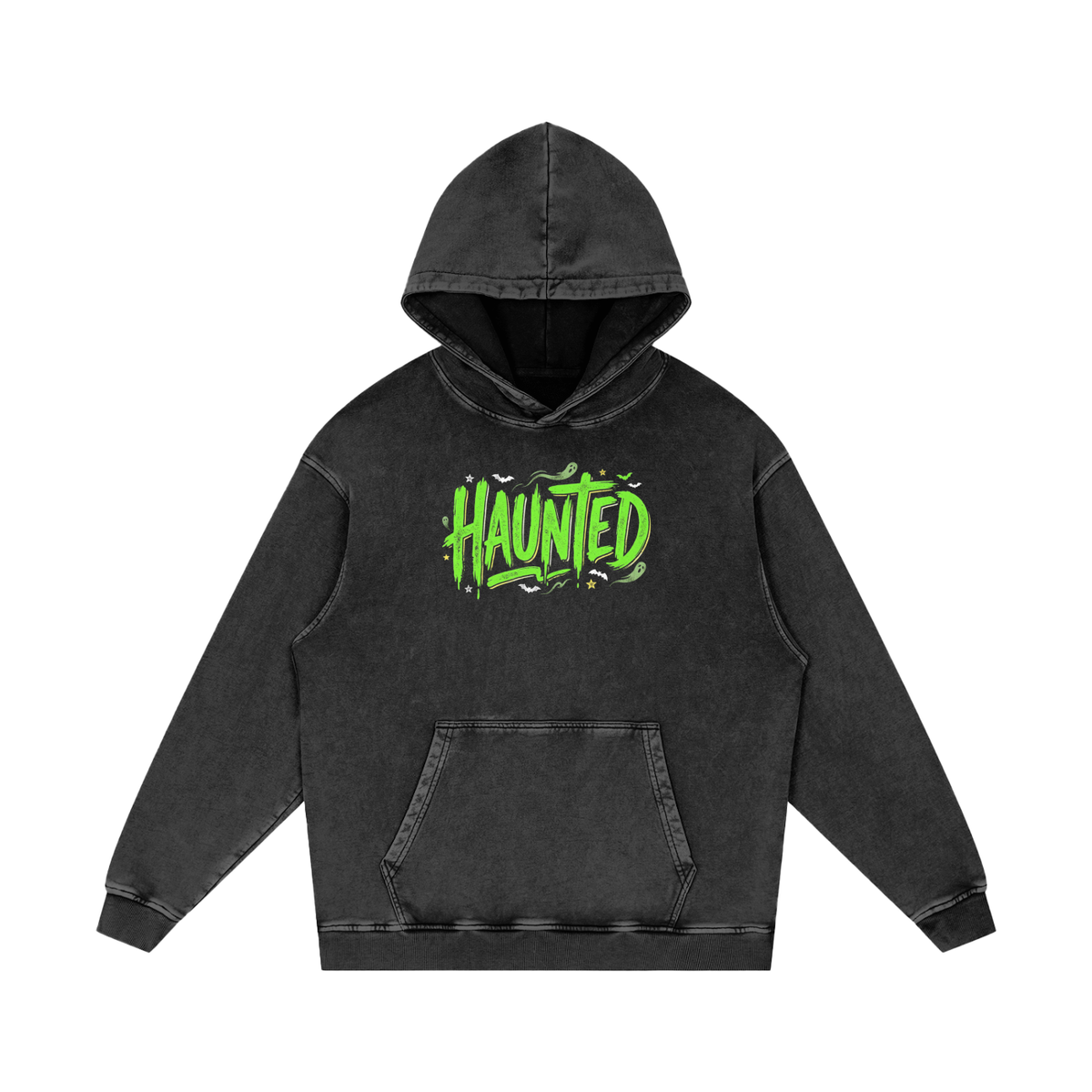 Haunted Green Lettering Snow Washed Loose Cotton Hoodie