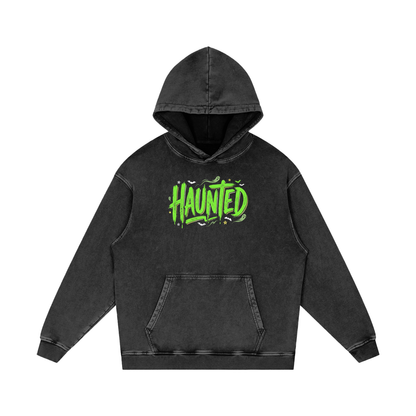 Haunted Green Lettering Snow Washed Loose Cotton Hoodie
