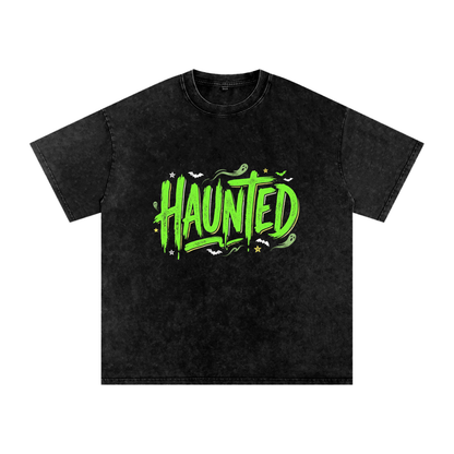 Haunted Green Lettering Snow Washed Oversized Cotton T-Shirt