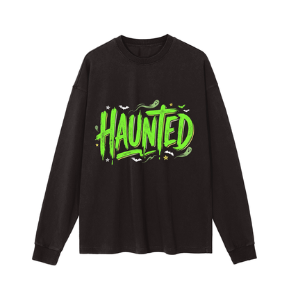 Haunted Green Lettering Vintage Washed Long Sleeve T-Shirt