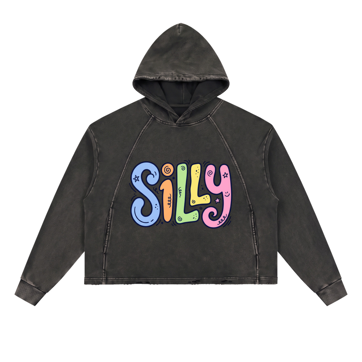 Silly Colorful Lettering Vintage Washed Frayed-Hem Hoodie