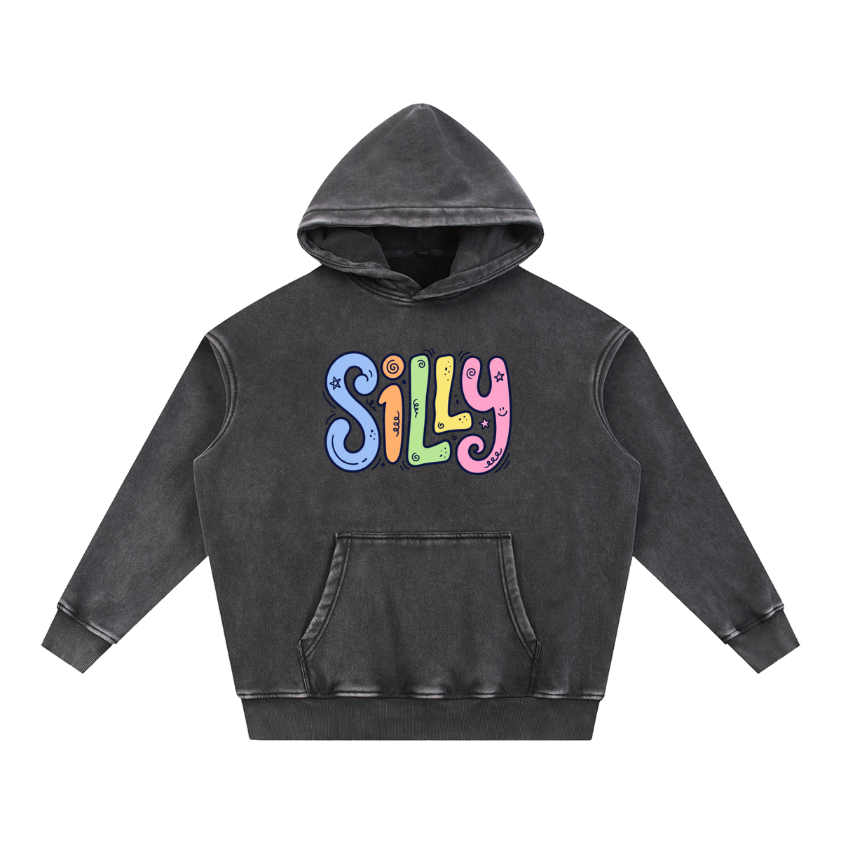 Silly Colorful Lettering Snow Wash Oversized Fleece Hoodie