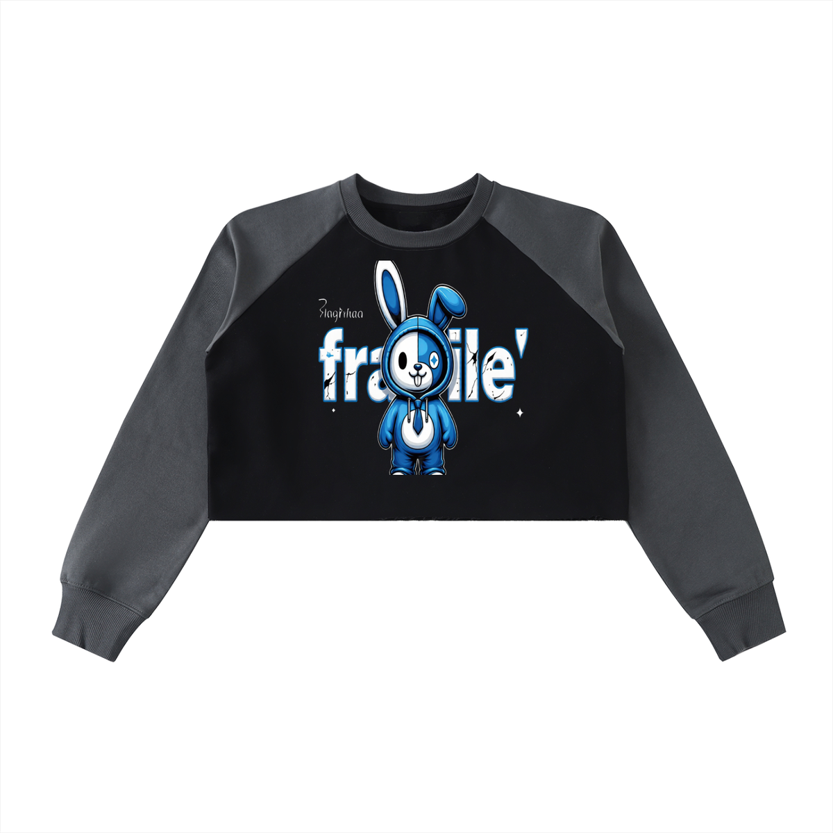 Fragile Blue Bunny Graphic Raw-Hem Color-Block Raglan Crop Sweatshirt