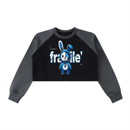 Fragile Blue Bunny Graphic Raw-Hem Color-Block Raglan Crop Sweatshirt