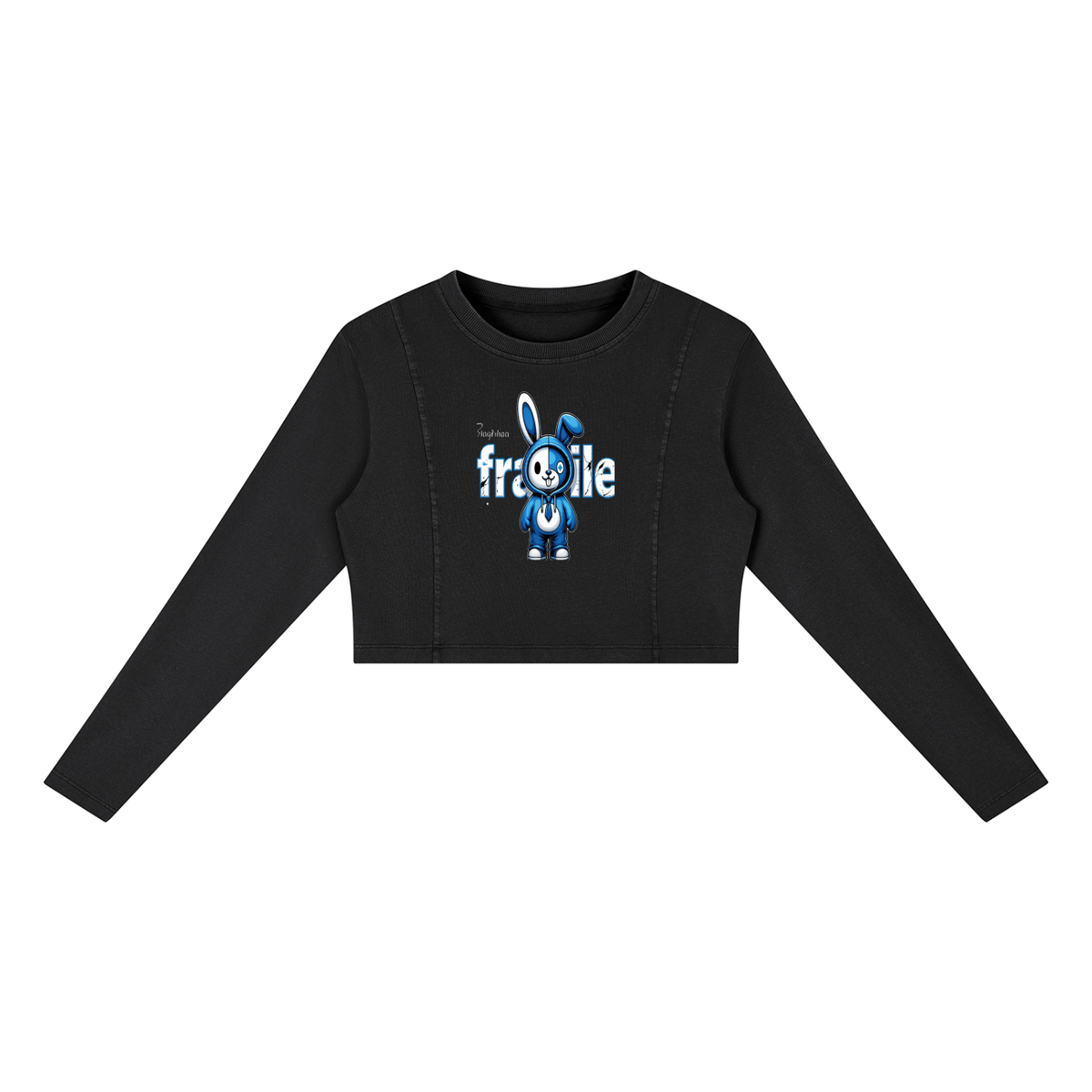 Fragile Blue Bunny Graphic Women's Mineral Wash Crop Sweatshirt