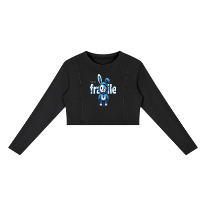 Fragile Blue Bunny Graphic Women's Mineral Wash Crop Sweatshirt