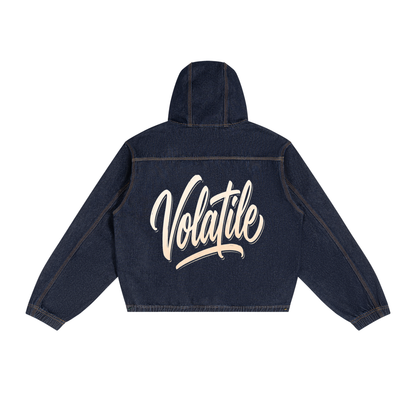 VOLATILE Bear Graphic Vintage Wash Hooded Denim Jacket