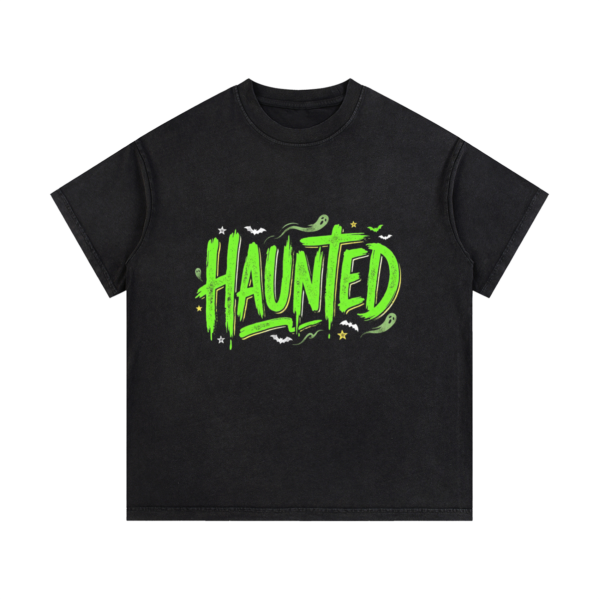 Haunted Green Lettering Vintage Wash Cotton T-Shirt