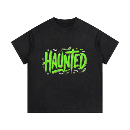Haunted Green Lettering Vintage Wash Cotton T-Shirt