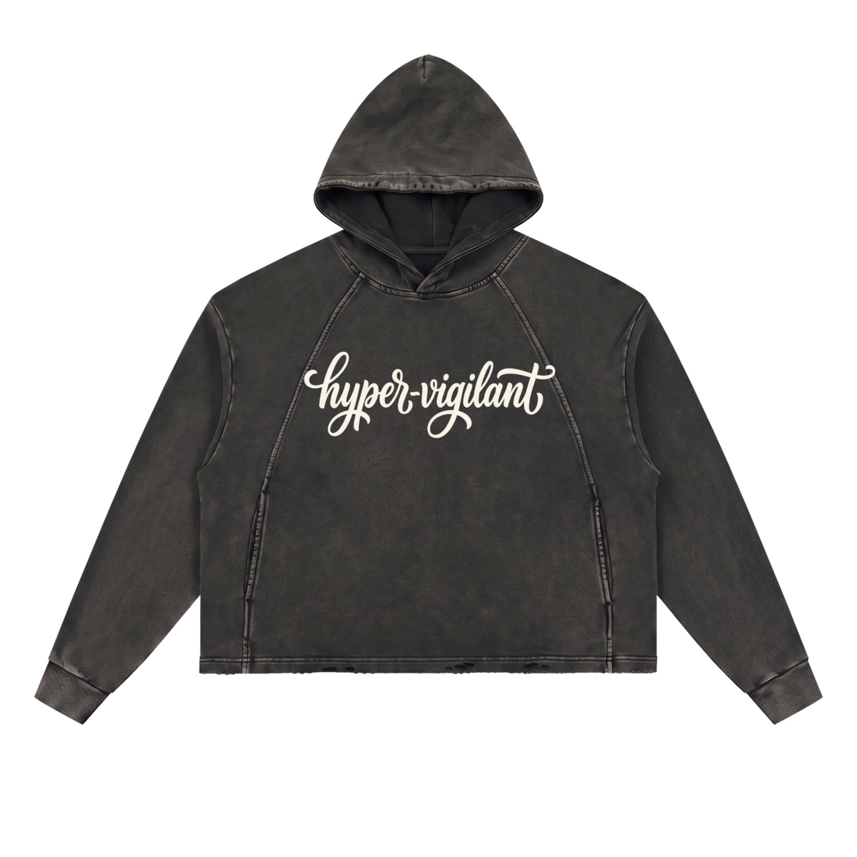 Hyper-Vigilant Script Vintage Washed Frayed-Hem Hoodie