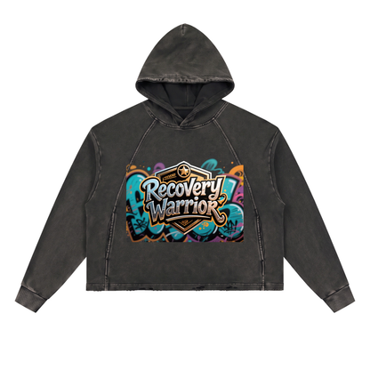 Recovery Warrior Graffiti Badge Vintage Washed Frayed-Hem Hoodie