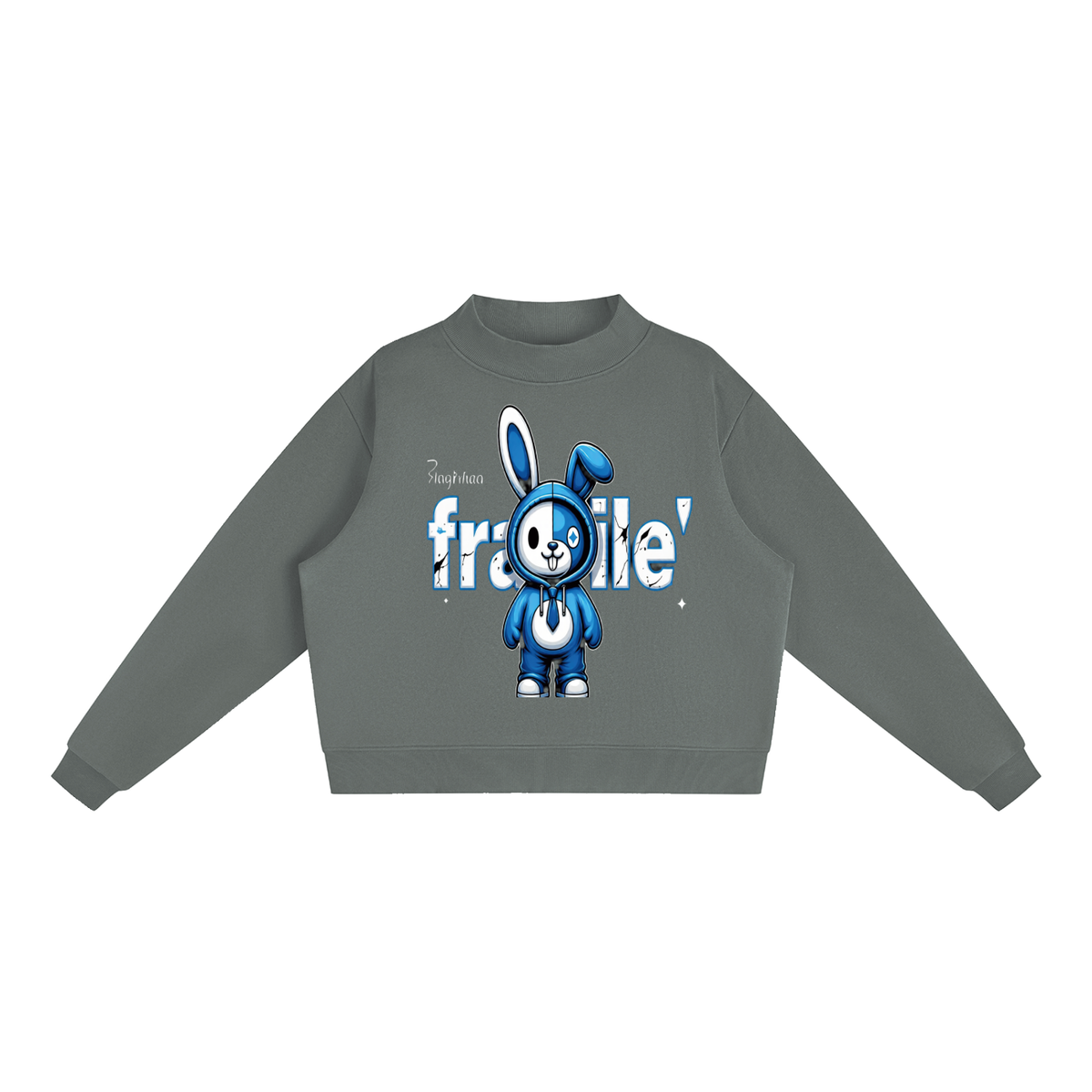 Fragile Blue Bunny Graphic Fleece Mock-Neck Crew Sweatshirt
